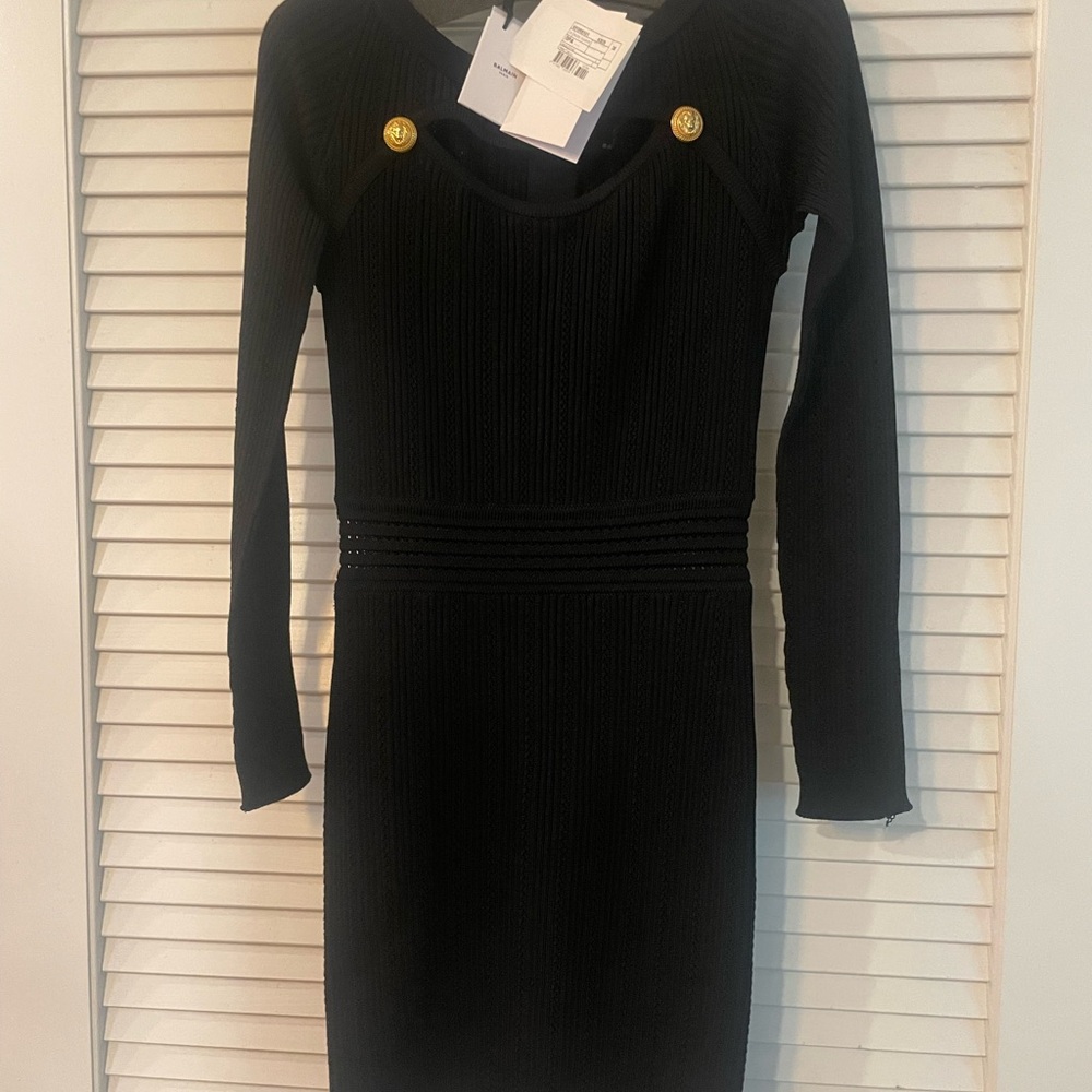 Balmain Black Long Sleeve Dress with Gold Accents